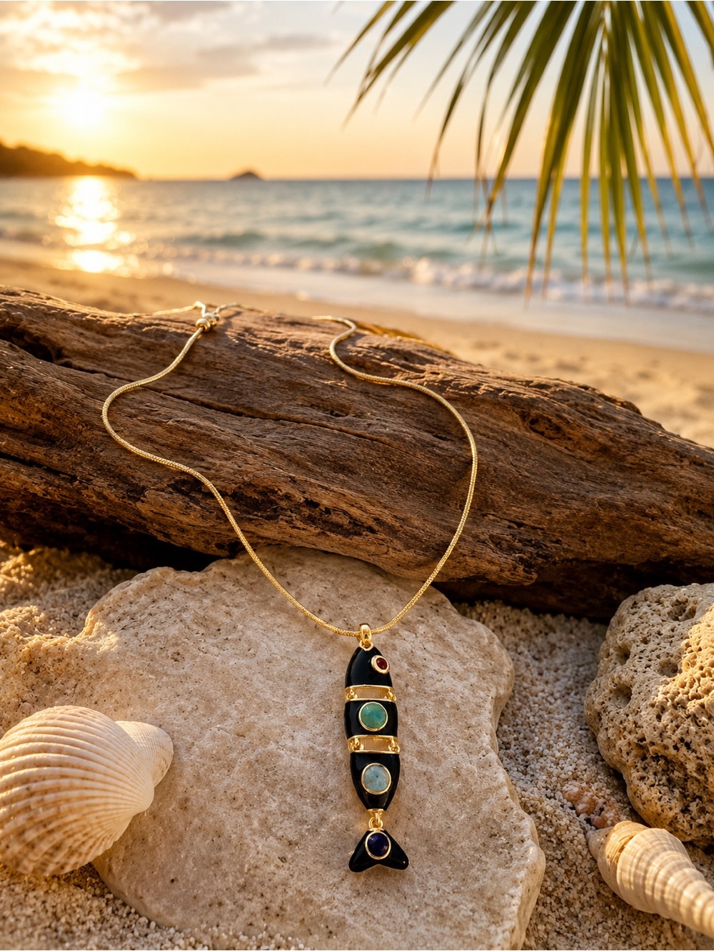 Gold Necklace with Black Enamel and Multi-Gem Fish Pendant